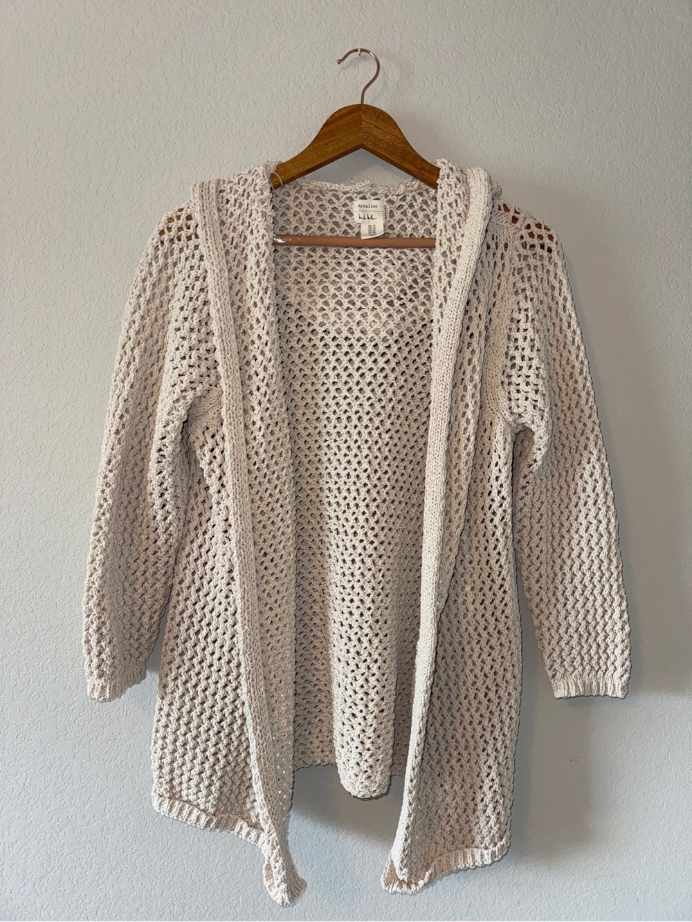 XL Cream Artelier Nicole Miller Crochet Hooded Duster Cartigan